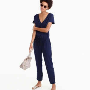 J.Crew Linen Blend V-Neck Relaxed Jumpsuit Playsuit Preppy Navy Blue size M